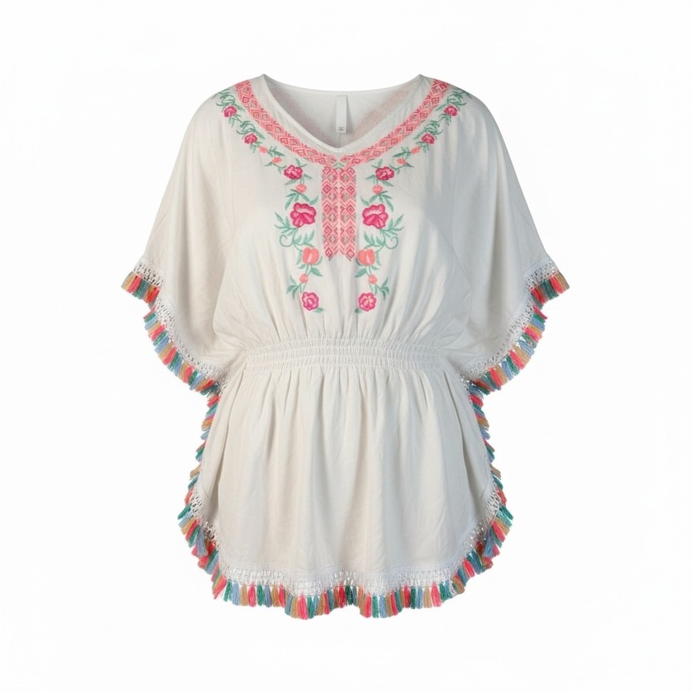 La Mode Women White‎ Embroidered Floral Kaftan Top Boho Tassel Fringe One Size